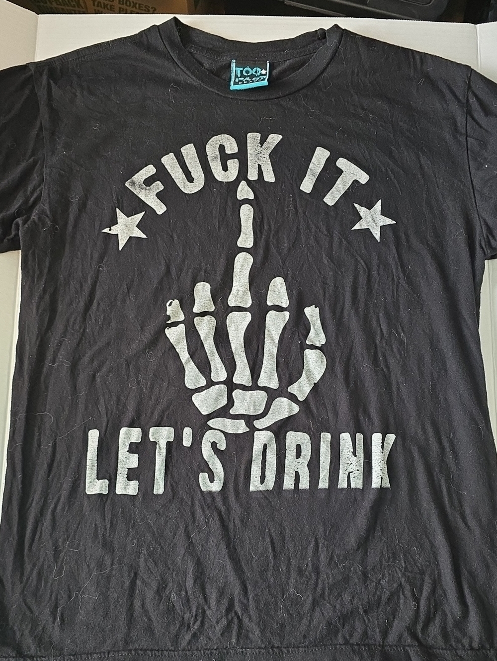 Too Fast Black Skeleton Middle Finger F--- It Let’s Drink Graphic Tee Size M